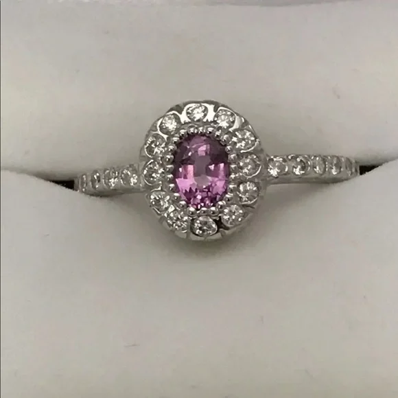 14k GENUINE Pink Sapphire & Diamond Halo Ring - Picture 5 of 15